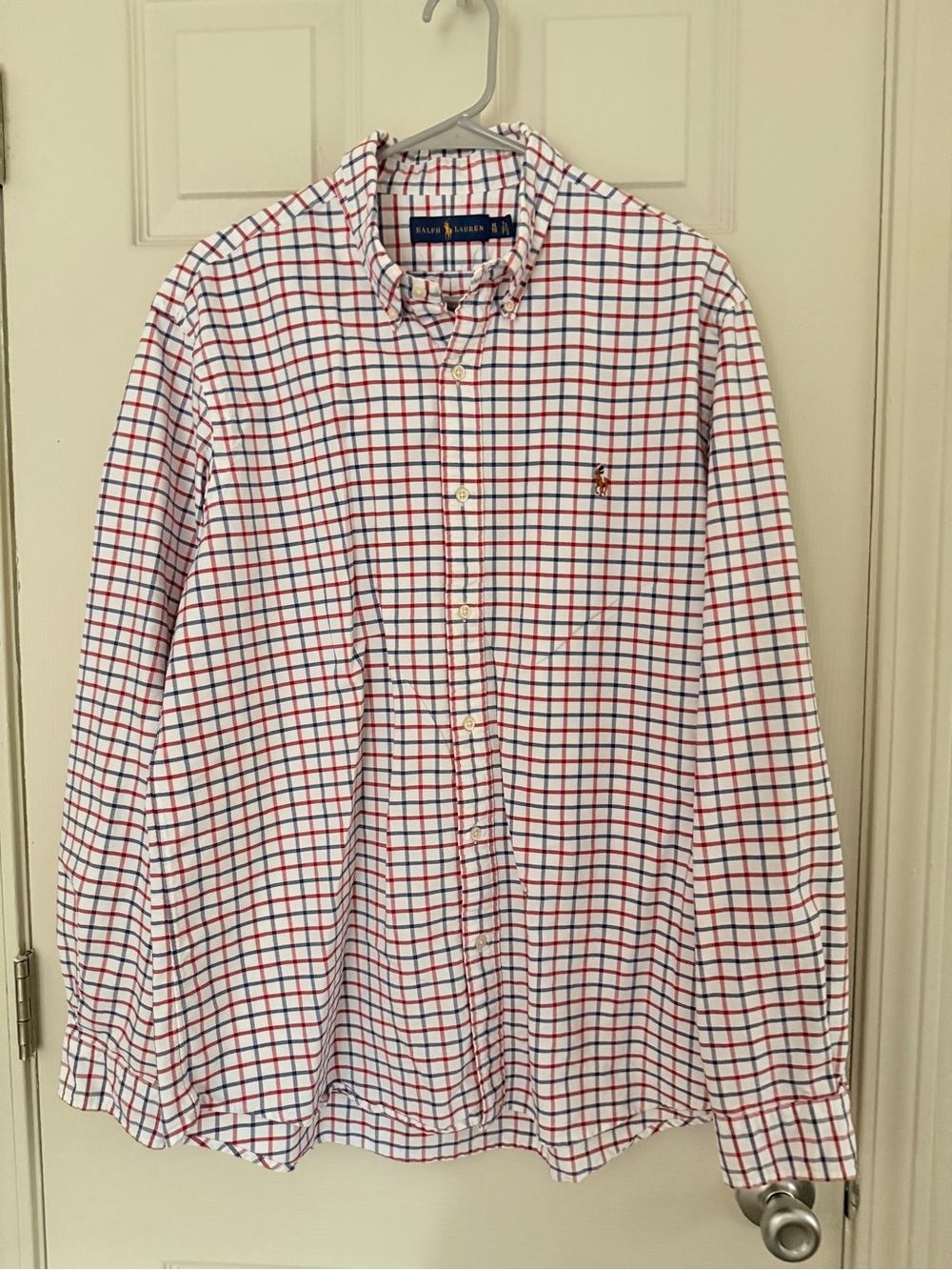 Ralph Lauren Men’s White Button-Down Shirt with Red and Blue Windowpane Check